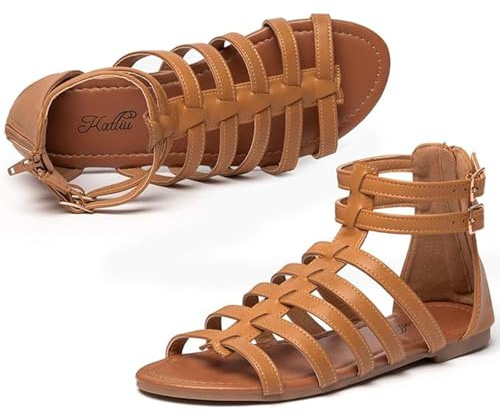 katliu Women's Gladiator Sandal Strappy Flat Sandals Two Ankle Buckle Brown 8