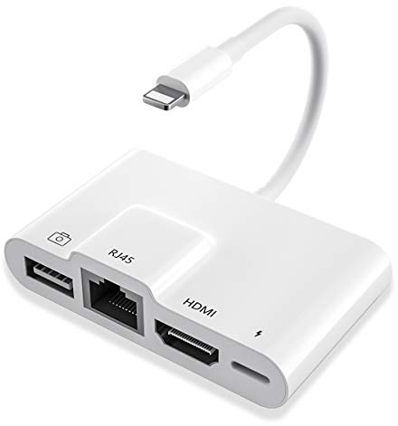 Sharllen Adaptador Ethernet RJ45 4 en 1 Lightning a HDMI 1080p HD LAN cableada Adaptador USB Sincronización de datos Lector de tarjetas de carga compatible con iPhone/iPad/TV/Monitor/Proyector/Teclado