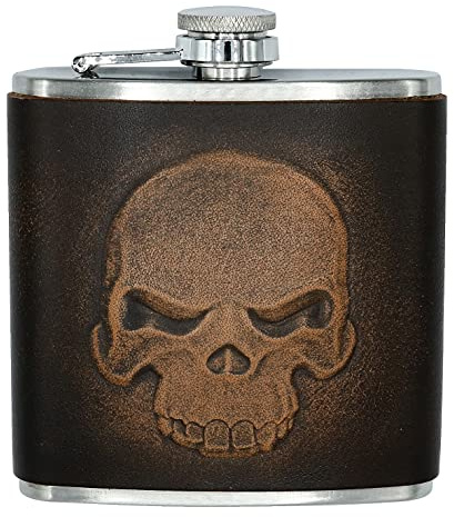 Flachmann Skull Totenkopf Biker Taschenflasche Trinkflasche 6oz Edelstahl echt Leder geprägt Handarbeit Antik-Patina Motorradfahrer Motorrad Heavy Metal pocket flask bottle Flasche, Farbe:braun