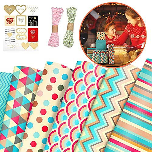 Geschenkpapier,Wrapping Paper,6 Blatt Geschenkpapier Set Weihnachten Farbiges Seil Klebeband Welle Multi Muster Gitter Punkt Streifen Für Recycelbares