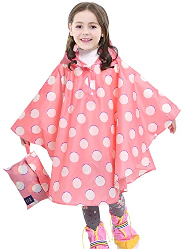 AIWUHE Kids Rain Poncho Cartoon Raincoat Jacket Cute Rain Coat Toddler Boys Girls Rain Cape Lightweight Waterproof Hoodie Outwear Pink Polka Dot L