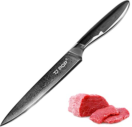 Damastmesser Fleischmesser, TJ POP Damast Küchenmesser Profi Messer 20cm, Ultrascharfes Full Tang Design Kochmesser, Japanische VG-10 Messer, Guter Halt, Rutschfester G10 Griff