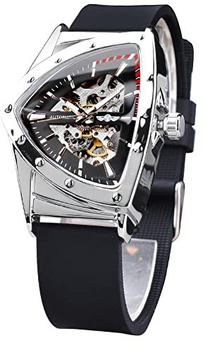 FORSINING Skelett-Uhren für Herren, automatische mechanische Uhr mit dreieckigem Zifferblatt, leuchtende selbstaufziehende Uhren Herren Edelstahl-Armband oder weiches Silikonband