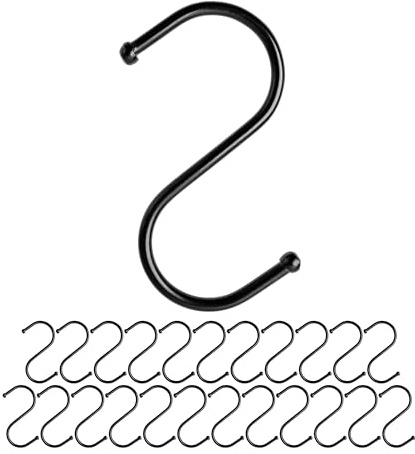 Ganchos S para colgar, 24 piezas, en negro, ganchos de metal para varillas de hasta Ø 25 mm, longitud 68 mm, ganchos S para cocina, barra de colgar, garaje, olla, sartén, taza, ganchos para colgar