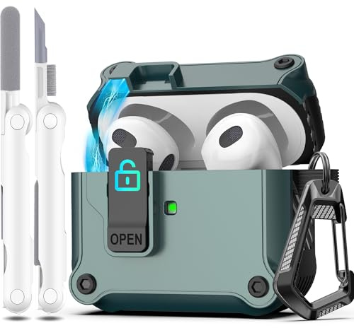 R-fun Compatibile con AirPods di terza generazione 2021 Custodia di ricarica, protezione completa contro le cadute Coperchio pop-up automatico Custodia con kit di pulizia e portachiavi,Verde pino