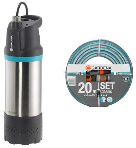 GARDENA Tauch-Druckpumpe 5900/4 inox automatic Bundle; mit Schmutzfilter, integrierte Trockenlaufsicherung; enthält Tauch-Druckpumpe 5900/4 inox automatic und Classic Schlauch 13mm (1/2), 20m