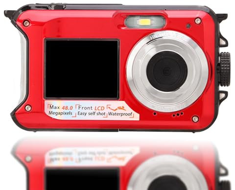 Full HD 2.7K 48MP Dual Screens Waterproof Digital Camera, 16X Digital Zoom, Front Rear Double Screens, Gift for Kids & Friends (Red)