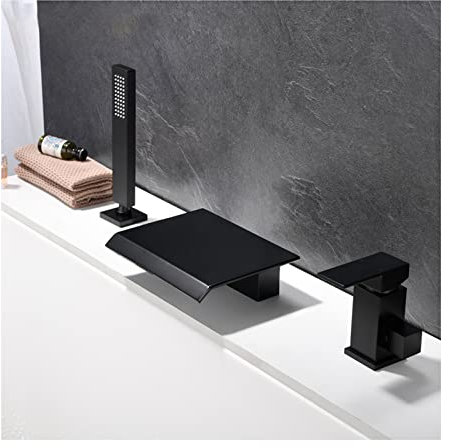 SWHC Wannenarmatur, Badewannenarmatur Wasserfall Badewannenarmatur mit Brause Badewanne Wasserhahn aus Messing Armatur Badewanne mit Schlauch Mischbatterie Badewanne Matt-schwarz
