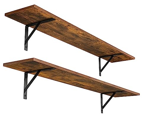 DINZI LVJ Long Wall Shelves, 47.3Inch Floating Shelves Set of 2, Extra Large Wall Storage Ledges with Sturdy Metal Brackets for Living Room, Bathroom, Bedroom, Kitchen, Rustic Brown