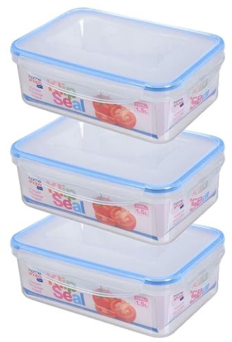 HOMESHOPA Plastic Airtight Food Storage Container, Leakproof Rectangle Container with Clip-Lock Lid, BPA Free Reusable Meal Prep Lunch Box Microwave Freezer & Dishwasher Safe (3 Pack, 1.5 Litre)