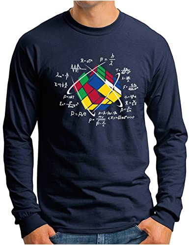 OM3® Würfel Puzzle Magic Cube Langarm Shirt - Herren - Lösung Nerd Game Retro Vintage - Navy, XL