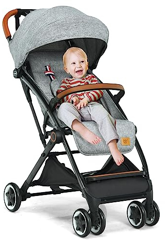 GOPLUS Vikbar barnvagn, resevagn med justerbart ryggstöd och utdragbart tak, bärbar sportvagn med förvaringskorg och låsbara hjul, för baby upp till 3 år gammal (grå)