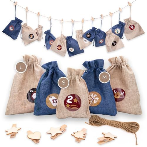 DIY Premium Adventskalender-Set zum Befüllen - 24 beige und blaue Stoff-Säckchen mit Zahlen-Aufklebern, Holzklammern und Kordel für Weihnachten