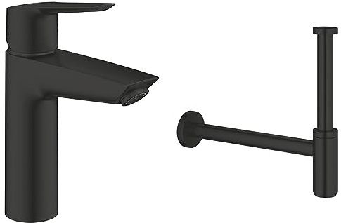 GROHE Start 237462432 Single-Lever Washbasin Mixer Tap Water-Saving M Size Matte Black + GROHE Trap (1 1/4 Inch, for Washbasins), Matt Black, 295032430