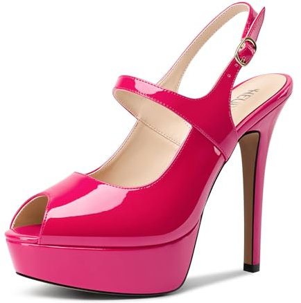 HEUIVZAR Donna Piattaforma Spillo Alto High Tacco Heel Aperte sulla Punta Slingback Sandali Cinturino alla Caviglia Fibbia Dress Scarpe 13 CM Heels Fucsia 38 EU