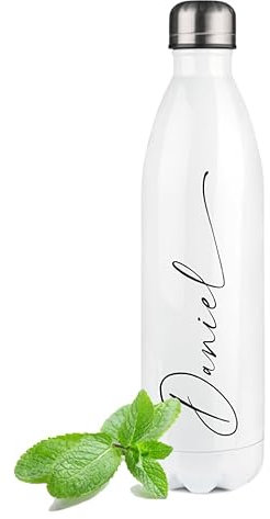 Manufaktur Liebevoll - Personalisierte Trinkflasche - Edelstahl in Weiß - bedruckte Thermosflasche mit Namen - für Sport, Arbeit u. Freizeit | 750ml