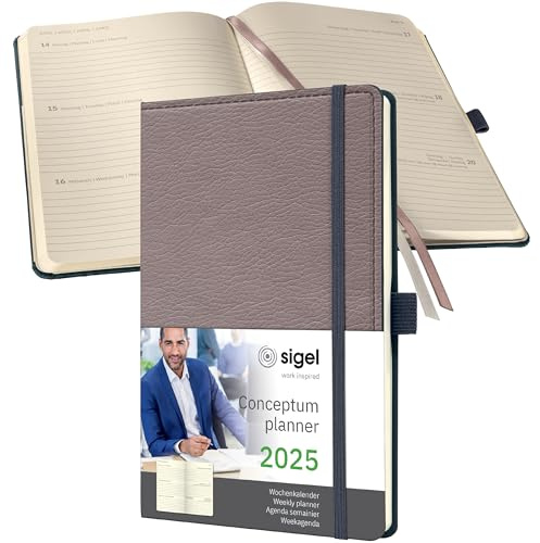 SIGEL C2551 Wochenplaner Wochenkalender 2025, Lederoptik, ca. A5, taupe, Hardcover, 192 Seiten, Gummiband, Stiftschlaufe, Archivtasche, aus nachhaltigem Papier, Conceptum
