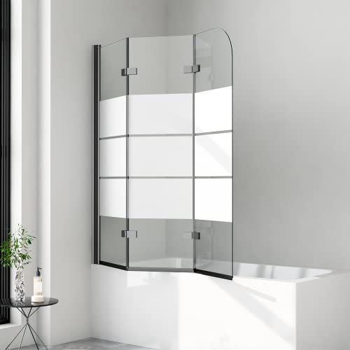 Duschwand für Badewanne Gestreift, Duschwand 140x140cm 3-teilig faltbar Schwarz Duschtrennwand für Badewanne Duschabtrennung Badewanne mit Milchglas, Badewannenaufsatz 6mm ESG Sicherheitsglas