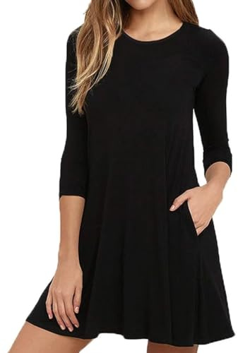 Anelune Robe t-shirt trapèze avec poches, manches longues 3/4, longueur genou, col rond, tenue décontractée pour l'automne, Noir , L