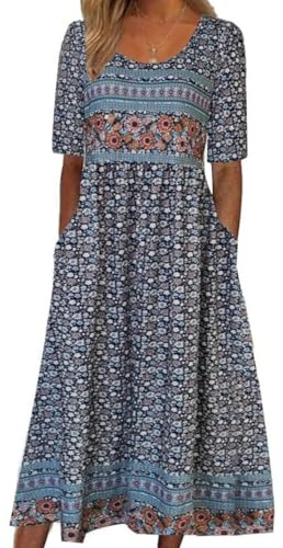 ABINGOO Femme Robe D'été Longue Boheme Manches Courtes Fluide Chic Robes | Col Rond Elegant Fleurie Imprimé Taille Élastique Tunique de plage Décontractée Midi Robe