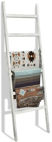FUIN 6.4ft Extra Wide Wooden Blanket Ladder Living Room Decorative Wal Leaning Farmhouse Quilt Display Holder Rustic Wood Towel Rack for Bathroom, White, 24 inch Wide