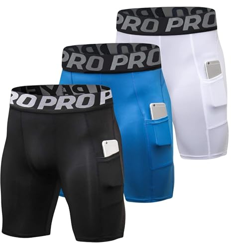 YUSHOW 3 Pack Men's Compression Shorts with Phone Pockets, Pro Performance Base Layer for Running, Gym, Football & Athletic Training - Anti-Chafe, Quick Dry Sports Tights (UK Fit)