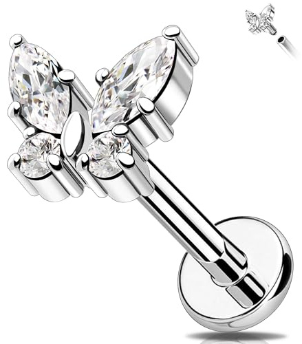 Melighting G23 Titan Knorpel Labret Stud Schmetterling Helix Ohrring Lobe CZ Flat Back Ohrring 16G Tragus Piercing Schmuck Clear Zirkonia 6MM