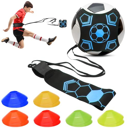 Hoedia Fußball-Trainer mit Fußballkegeln, Trainingshilfe, Gürtel, freihändig, Nahkontrolle und Fähigkeiten, Fußball-Trainingsgerät für Kinder und Erwachsene, passend für Bälle der Größe 3, 4 und 5,