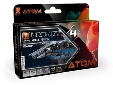 MMO by Mig Jimenez - Atom Gravity Set 4 - Metallic, 6 x 20ml Bottles, Matte Finish, for Scale Model Painting with Brush and Airbruh, Model ATOM-20807