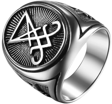 JewelryWe Satanische Ring Herren Siegelring Edelstahl Herren-Ring Leviathan Kreuz Siegel von Luzifer Pentagramm mit Ziegenkopf Punk Gothic Fingerring Bandring Satan Amulett Schmuck Geschenk