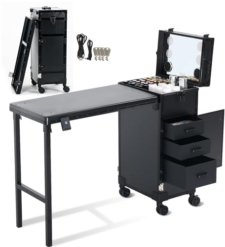 EBANKU professionellt manikyrbord 360° rullfunktion, bärbart nagelbord, hopfällbart resenagelbord, professionell kosmetisk rolley, nagelstation med låda/spegel/Bluetooth-spelare, svart