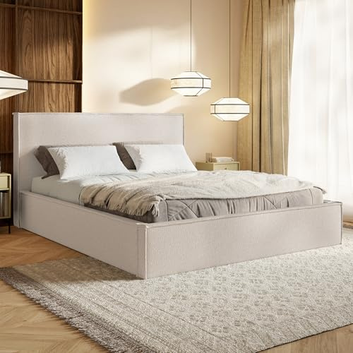 MOTIVENA Boho Bett 180x200 Beige Boucle, mit Stauraum, mit Kopfteil, mit Lattenrost, ohne Füße, ohne Matratze, Polsterbett 180x200 mit Bettkasten Beige (Creme)