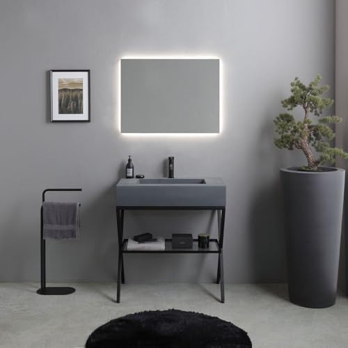 Kiamami Valentina Mueble de baño Suelo 80 cm con Lavabo Gris y Espejo | Estructura de metal negro, lavabo de resina gris, estante de vidrio, espejo retroiluminado 80x60 cm, estilo industrial