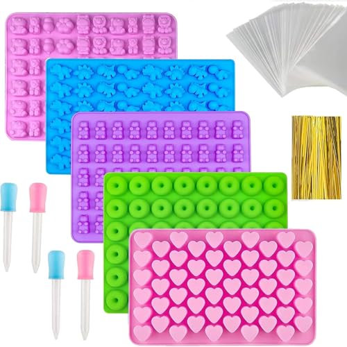 5 Pcs Silicone Gummy Candy Molds with 4 Dropper, Non Stick Jelly Molds Gummy Bear Mould Chocolate Moulds Donut Mould Ice Cube Trays Including Mini Dinosaur, Hearts, Donut, Bear, Fruit, Paw