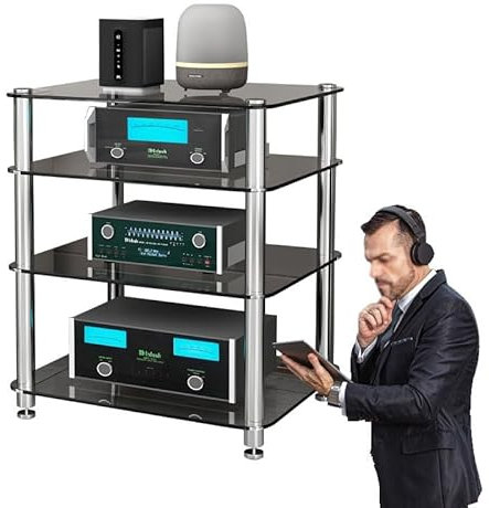 Audio Rack HiFi Regal Audioständer Mit 4 Regalen, Stereo-Komponentenschrank/Verstärker-Rack Für Zuhause/Aufnahmeraum, Schwarzes Eckregal Für Medienständer, Schränke Für Audiophile HiFi-Geräte