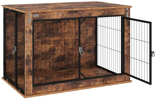 PawHut Hundekäfig Möbel, Hundebox für Zuhause, für große Hunde unter 30 kg, Hundehaus mit 2 verschließbaren Türen, Stahl, 98 x 60 x 65,5 cm, Rustikales Braun