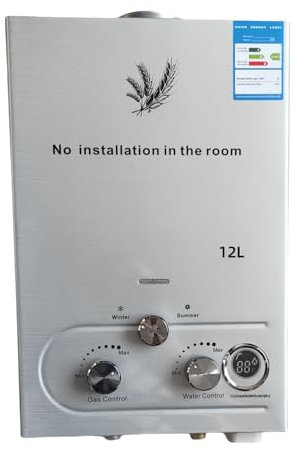Furvveerr Chauffe-Eau à Gaz Instantané 12LPM 24KW LPG GPL au Butane Propane avec Modes Hiver et Eté,Protection Contre La Surchauffe,Couleur Argent,pour La Maison,ExtéRieur,Camping Car