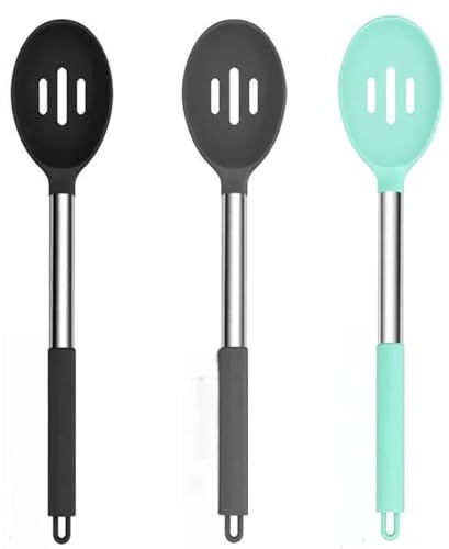 Cyoufine Silicone Slotted Cooking Spoon Set (13.2), 3-Pack Large Stainless Steel Handle Non Stick Skimmer Spoon Heat Resistant 600°F, Ladle Strainers, Kitchen Utensils for Mixing Draining Frying