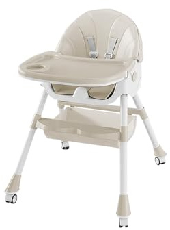 Silla alta bebé escalable silla infantil 4 ajustable en altura, plegable, con ruedas integradas y arnés de seguridad de 5 puntos, ideal para comer, jugar y dormir en uno – Blanco roto
