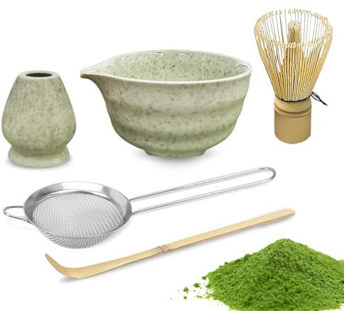 Matcha Set Whisk and Bowl Kit, Matcha Tea Set Gift Includes Ceramic Bowl with Pouring Spout, Bamboo Spoon, Sifter, Bamboo Whisk and Broom Holder, for Beginners and Enthusiasts