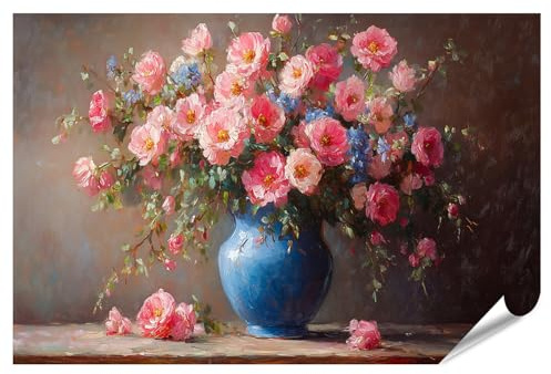 islandburner Prime XXL Poster Bouquet de fleurs dans un vase bleu sur table en bois sur fond marron Impression photo de qualité supérieure