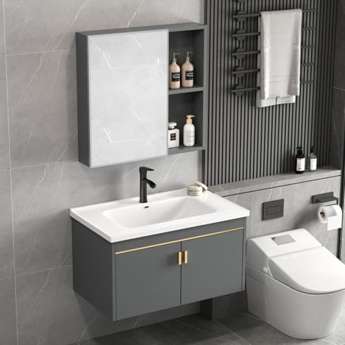 HYANXUE Set di mobili da bagno, mobiletto da parete, lavabo, armadietto a specchio e lavello combinato con lavabo in ceramica e rubinetto (grigio+armadietto a specchio, 60 x 40 cm)