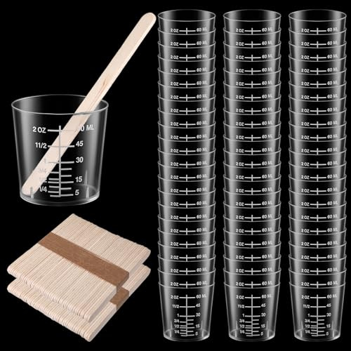 200 Packs 60ml/2oz Plastic Mixing Cups Disposable Graduated Cups Measuring Cups with 200 Pcs Wooden Stirring Sticks, Clear Epoxy Mixing Cup for Resin, Laboratory, Mixing Paint, Stain, Epoxy