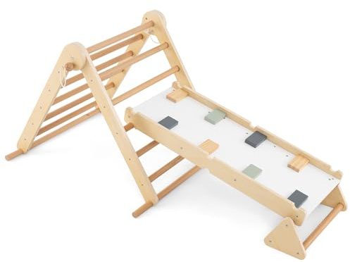 RELAX4LIFE 3 en 1 Juego de Escalada para Niños con Rampa de Doble Cara y Triángulo para Trepar Ajustable, Estructura de Escalada de Madera Infantil para Niños de 3+ Años