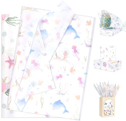 Larcenciel Papel de Seda con Tema Marino, 60 Hojas Acuarela Papel Seda para Envolver con Organismos Marinos, Embalaje Regalo con Delfines, Caballitos de Mar para Boda Cumpleaño Fiesta DIY, 50x35CM