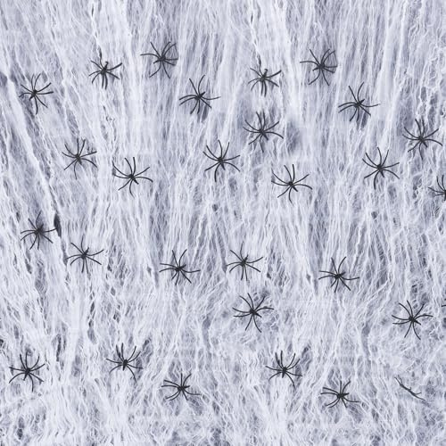 Generisch Halloween Deko Spinnennetz,Weiße Spider Web,Dehnbares Spinnennetz,Mit 30st Schwarz Kunststoff Spinnen,Für Innen,Außen,Garten,Tür Fenster Kamin Häuser Spukhaus&Partyzubehör