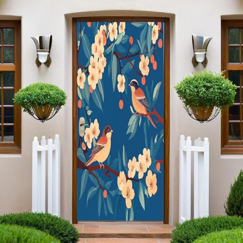 Door Stickers for Interior Doors Apricot Tree and Bird Blue Door Mural Photo Poster Wallpaper 90x200 cm Peel and Stick Removable PVC Door Decals for Kids Bedroom Office Bathroom