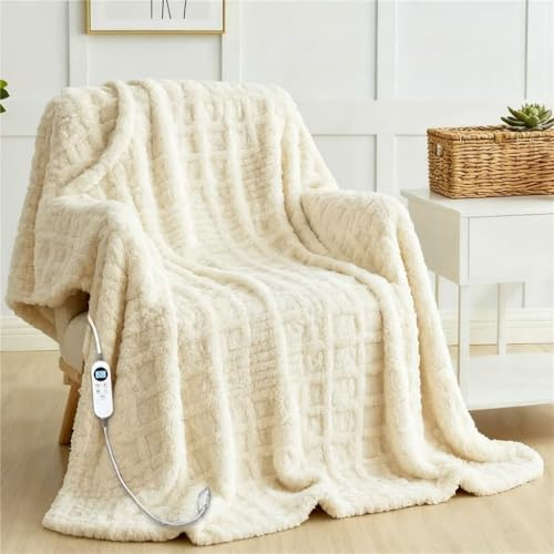 Heated Blanket Electric Throw, 50X60 Waffle Heating Blanket with 12 Heat Levels, Fast Heating Blanket with 1-12 Timer Settings, Overheat Protection with ETL & FCC for Home Office Sofa (Milky White)