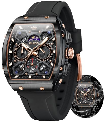 OLEVS Black Watches for Men Luxury Fashion Tonneau Square Large Face Skeleton Mens Watches Rubber Moon Phase Date Waterproof Multifunctional Chronograph Metal Men's Watch Reloj para Hombre