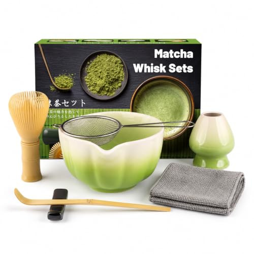Muexoee 7 Pcs Matcha Set,Matcha Tea for Making Breakfast/Latte,Whisk Set and Bowl with All Accessories，Authentic Tea Ceremony，Gradient Green Bowl, Stirrer Yellow